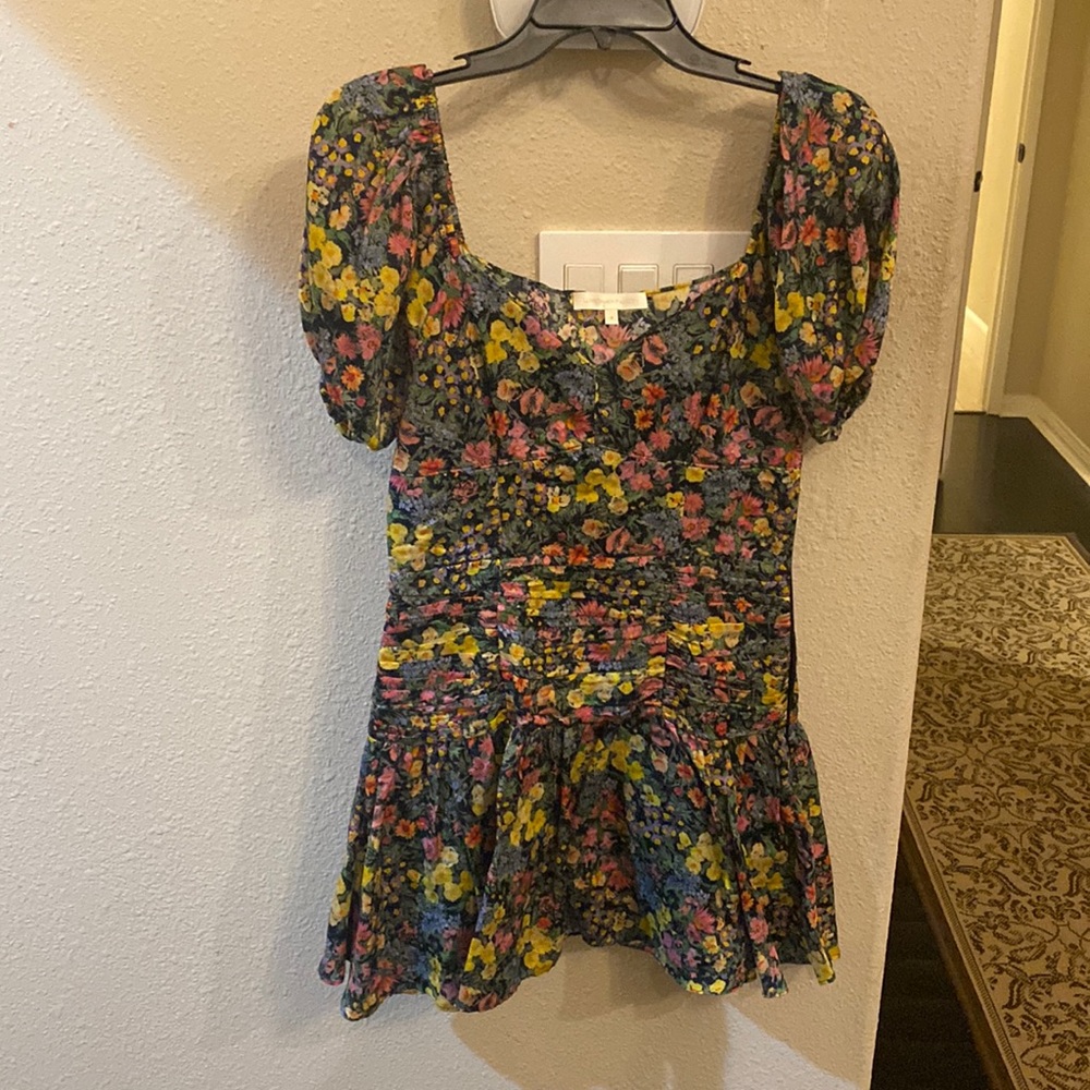 LoveShackFancy black mini floral dress.